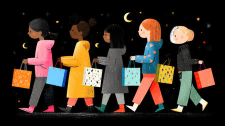 This vibrant illustration features a diverse group of young women enjoying an evening shopping spree, carrying colorful bags under a starry night sky.の素材