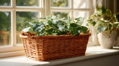 A beautiful woven basket filled with lush ivy sits harmoniously on a windowsill, basking in warm sunlight, enhancing the cozy and tranquil home atmosphere.の素材