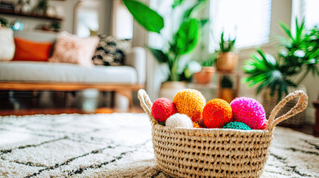 A woven basket filled with colorful pom-poms brings a lively touch to a cozy living room setting, enhanced by indoor plants and soft furnishings.の素材