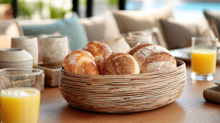 A captivating scene featuring freshly baked bread rolls in a woven basket, set on an elegantly styled table, complemented by refreshing drinks, perfect for a cozy breakfast or brunch setting.の素材