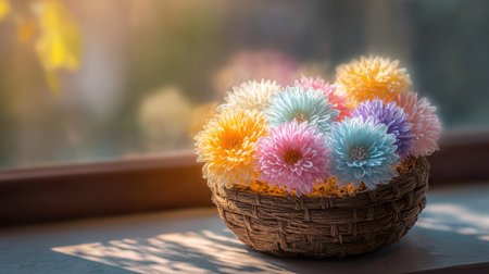 A vibrant and cheerful arrangement of colorful chrysanthemum flowers in a woven basket, beautifully displayed on a bright sunny windowsill, radiating warmth.の素材