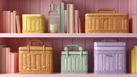 This image features a collection of colorful woven baskets arranged on a pink shelf, complemented by vintage books and decorative jars, creating a cheerful home decor atmosphere.の素材