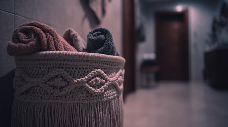This captivating image showcases a stylish woven basket filled with rolled towels, set against a modern bathroom backdrop. The warm tones create a serene atmosphere.の素材