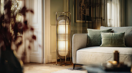 This beautifully lit living room features a chic floor lamp beside a cozy sofa adorned with plush pillows. Natural light enhances the warm ambiance, creating an inviting space perfect for relaxation.の素材