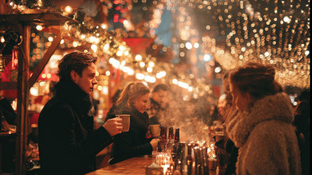 A charming winter scene unfolds at a lively market adorned with twinkling lights, as friends gather to enjoy warm drinks and each other's company.の素材