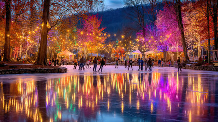Experience the magic of an enchanting ice skating rink nestled among colorful autumn trees, illuminated by twinkling lights at dusk, creating a lively atmosphere.の素材
