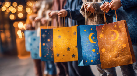 A vibrant scene showing a group of people holding colorful shopping bags decorated with stars and moons, evoking a festive atmosphere in the evening.の素材