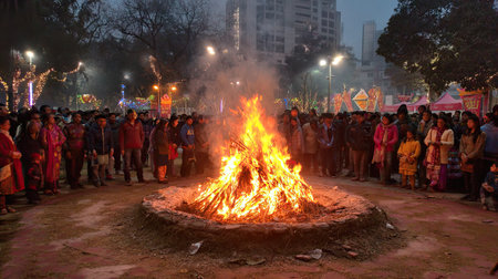 A lively scene captures a diverse crowd gathered around a roaring bonfire during a festival. Colorful lights decorate the urban park, creating a warm atmosphere.の素材