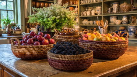 This image showcases a beautiful arrangement of fresh fruits in woven baskets on a rustic wooden kitchen table, creating a warm and inviting atmosphere.の素材
