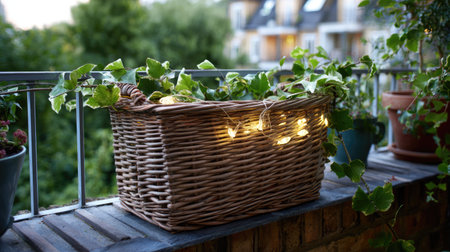 A charming rattan basket filled with vibrant ivy and adorned with twinkling fairy lights creates a cozy, inviting atmosphere on a balcony.の素材