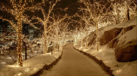 A tranquil winter pathway beautifully illuminated by twinkling lights, creating a magical atmosphere in a snowy landscape. Ideal for holiday themes.の素材