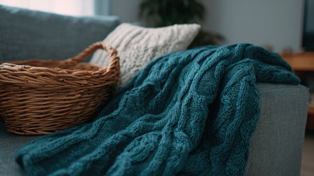 A cozy living room scene featuring a blue knitted blanket draped over a comfortable sofa, complemented by a wicker basket and soft pillow, creating a warm atmosphere.の素材