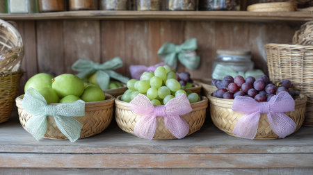 A visually appealing arrangement of fresh fruits in woven baskets, adorned with decorative ribbons, creates a charming rustic display on a wooden shelf.の素材