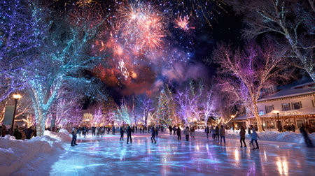 Celebrate the magic of winter with this stunning scene featuring ice skaters on a glistening rink, surrounded by vibrant lights and fireworks.の素材