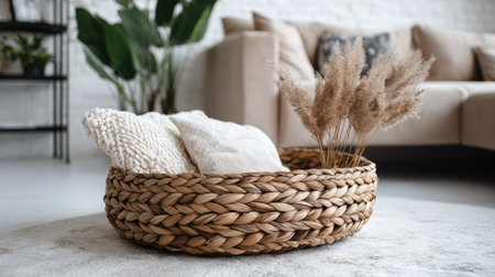 Discover a cozy living room featuring a woven basket with cushions and dried pampas grass, blending modern design with natural elements for a serene atmosphere.の素材