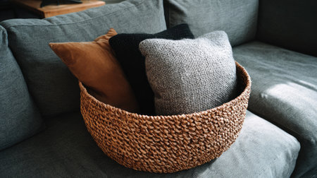 A cozy living room setup featuring a woven basket filled with decorative cushions on a gray sofa. The harmonious textures create a warm and inviting atmosphere.の素材