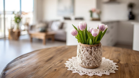 A charming arrangement of fresh pink tulips in a decorative pot sits on a rustic wooden table, enhancing the modern interior of a bright living room.の素材