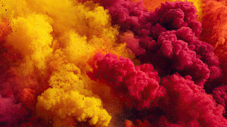 This breathtaking image captures vibrant clouds of smoke in fiery yellow, red, and orange hues, creating an abstract and energetic composition. Perfect for artistic applications.の素材