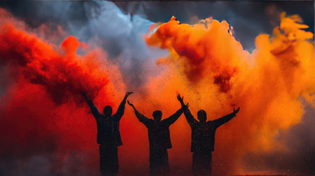 Three silhouetted figures joyfully celebrate with colorful smoke surrounding them, creating a dynamic atmosphere against a dramatic sky backdrop.の素材