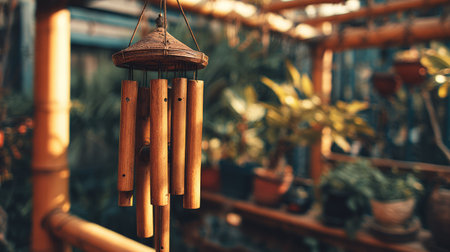 This beautiful bamboo wind chime hangs gracefully in a lush garden, capturing the essence of tranquility. It adds warm ambiance with gentle sounds.の素材