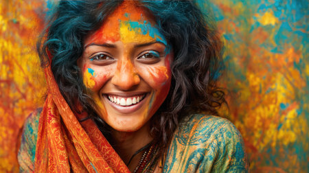 A joyful woman displays her vibrant spirit during a colorful celebration, with vivid powder adorning her face against a brilliantly painted backdrop, symbolizing joy and vitality.の素材