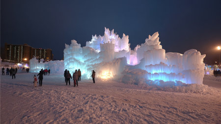 A stunning ice sculpture display glows with vibrant colors under the night sky, creating a magical winter atmosphere while people explore the winter wonderland.の素材