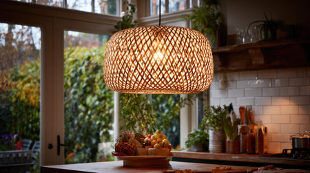A beautifully designed kitchen highlighting a rattan pendant lamp that casts a warm glow over a rustic wooden table, adorned with fresh fruits and plants.の素材