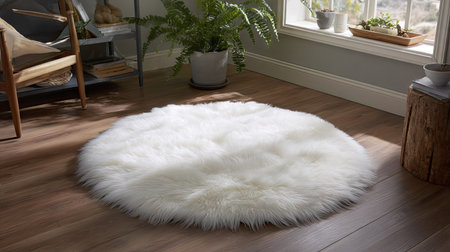 Bright and inviting interior featuring a cozy white faux fur round rug. Soft texture enhances the natural light and greenery in the room. Perfect for stylish home decoration.の素材