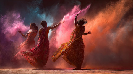 Celebrating a vibrant festival, three women joyfully dance amidst colorful powders, embodying spirit, creativity, and cultural tradition in this enchanting scene.の素材