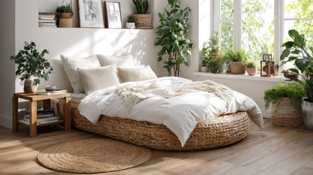 This serene and stylish bedroom features a unique round bed surrounded by lush greenery and warm sunlight, creating a tranquil and inviting atmosphere.の素材
