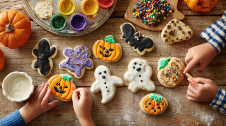 Enjoy a vibrant Halloween-themed cookie decorating scene featuring kidsの素材