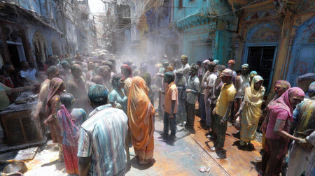 A vibrant street scene captures the lively essence of Holi, filled with participants celebrating with colors, laughter, and traditional attire, embodying joy and unity.の素材