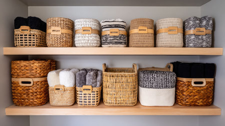 This image showcases a collection of beautifully arranged storage baskets on wooden shelves, emphasizing organization and home decor aesthetics. The soothing textures and neutral tones create a cozy atmosphere perfect for any living space.の素材