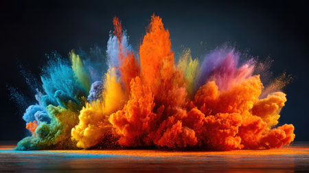 An exhilarating display of colored powder bursting in a vivid explosion, showcasing a spectrum of hues against a dark backdrop, evoking creativity and energy.の素材