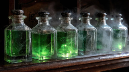 A captivating display of glass bottles filled with glowing green potions, surrounded by wisps of smoke, evoking a sense of mystery and fantasy in a vintage setting.の素材