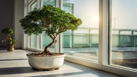 A beautiful bonsai tree gracefully positioned near a large window, capturing the warm glow of morning sunlight. Perfect for serene indoor settings.の素材
