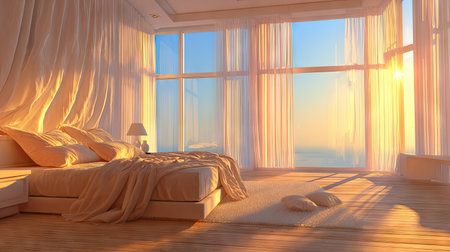 This beautiful modern bedroom features large windows that fill the space with warm sunlight at dawn, complemented by soft curtains and elegant decor.の素材