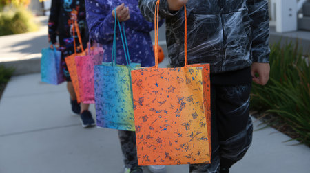 A lively scene featuring children walking down a sidewalk, proudly holding colorful Halloween bags filled with treats during a festive trick-or-treat event.の素材