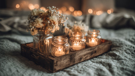 A cozy and romantic scene featuring delicate floral arrangements and warm candlelight on a wooden tray in a serene bedroom setting, creating an inviting atmosphere.の素材