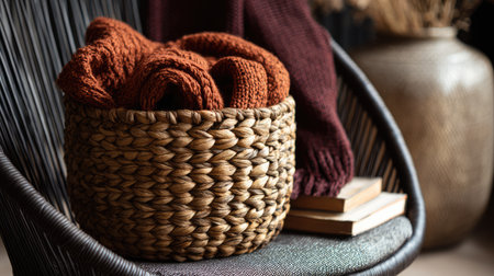 A beautiful arrangement showcasing warm knitted blankets nestled in a natural woven basket on a stylish chair, enhancing modern home decor with comfort.の素材