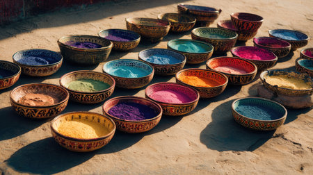 A captivating array of vibrant bowls filled with powdered pigments, showcasing a rich color palette, perfect for art and crafting enthusiasts.の素材