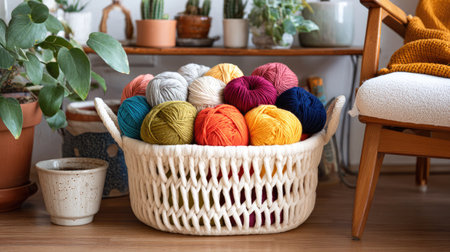 A beautiful arrangement of vibrant yarn balls in a woven basket sits in a cozy indoor space, surrounded by greenery, showcasing a perfect crafting atmosphere.の素材