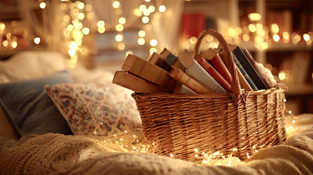 A beautifully arranged basket filled with books rests on a cozy bed surrounded by twinkling lights, creating a warm and inviting reading space perfect for quiet evenings.の素材