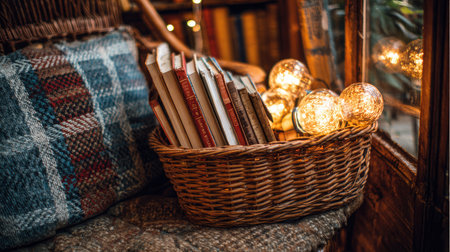 A charming indoor scene featuring a woven basket filled with books and warm glowing lights, creating a cozy and inviting atmosphere for relaxation.の素材