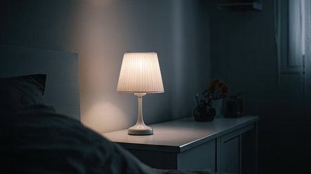 A serene bedroom scene featuring a stylish lamp on a bedside table, casting a soft glow in a dimly lit room, perfect for creating a cozy atmosphere.の素材