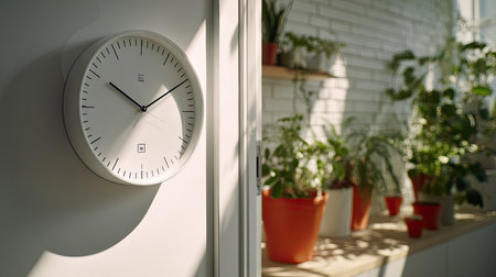 A minimalist wall clock hangs quietly in a bright indoor space, surrounded by lush greenery. The play of natural light creates a soothing ambiance.の素材