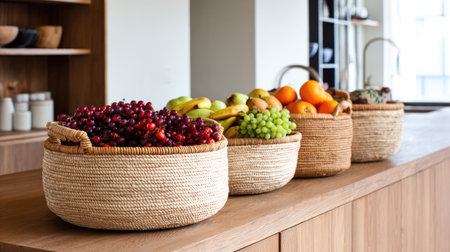 A beautifully arranged display of fresh fruit in rustic baskets on a wooden counter, showcasing vibrant colors and natural beauty in a modern kitchen atmosphere.の素材