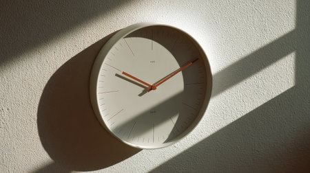 This minimalist wall clock features soft shadows and orange hands, perfect for enhancing modern living spaces with a touch of elegance and simplicity.の素材