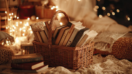 A cozy reading nook featuring a woven basket filled with an assortment of books, surrounded by warm ambient lights and soft textures, creating a tranquil atmosphere perfect for relaxation.の素材