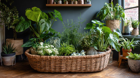 Discover a vibrant indoor garden featuring a variety of lush green plants elegantly arranged in a stylish woven basket, enhancing the natural beauty of a contemporary living space.の素材